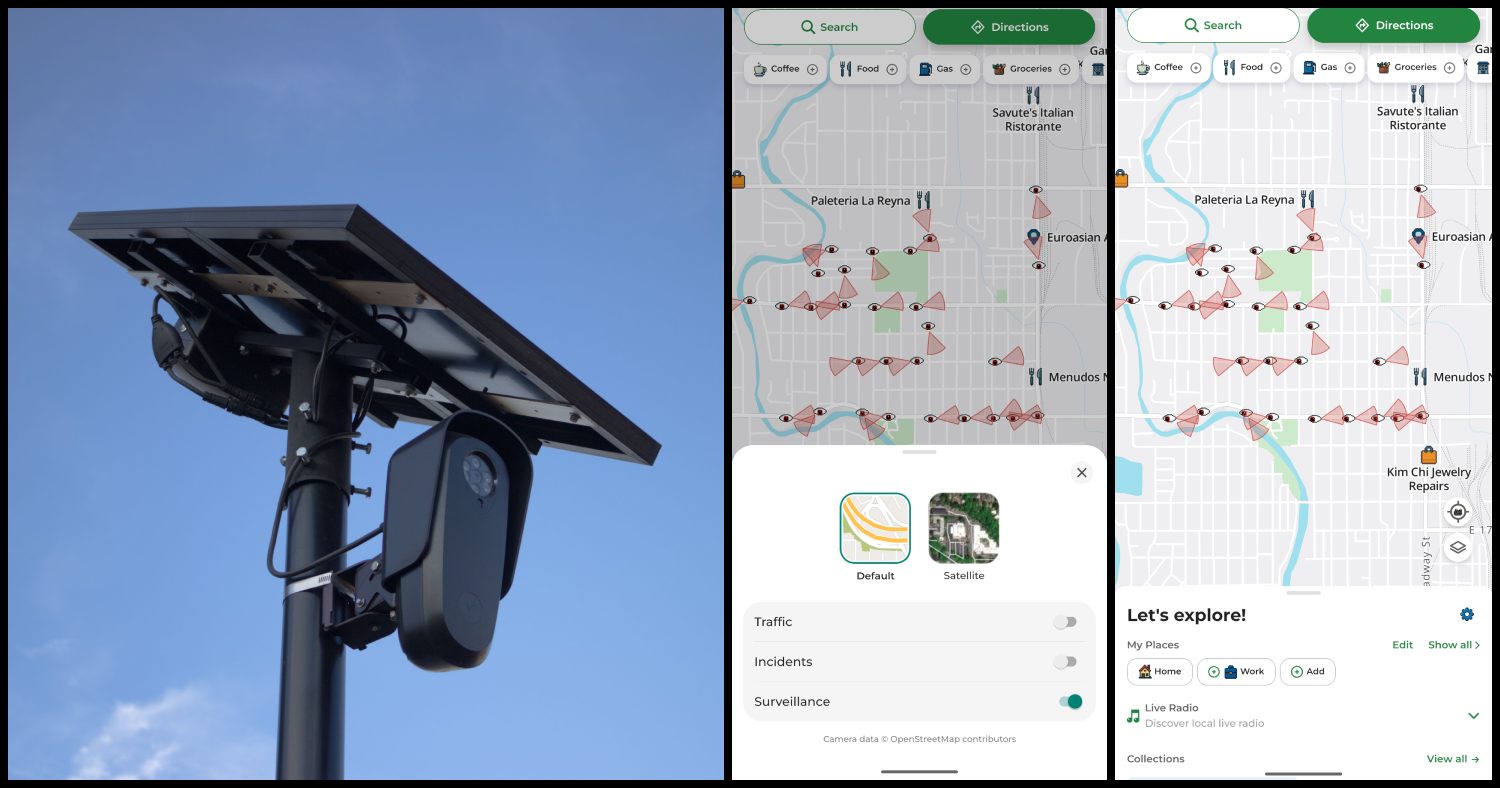 License Plate Reader against a blue sky next to two photos from Mapquest showing camera settings and locations