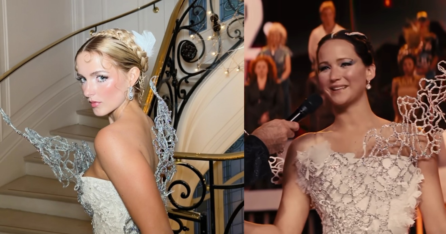 McKenna Grace and Jennifer Lawrence as Katniss Everdeen in very similar white gowns with metallic details
