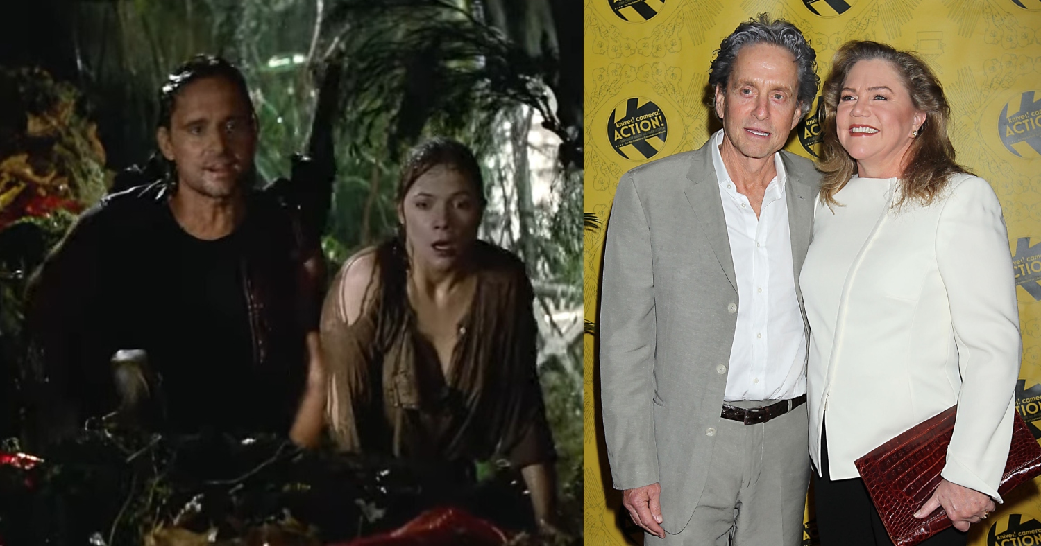 Photo from Romancing the Stone next to a 2012 event photo of Michael Douglas and Kathleen Turner